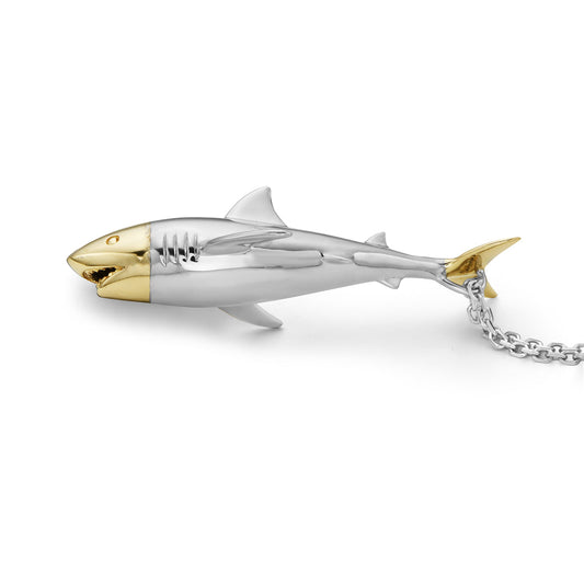 14K GOLD & STERLING SILVER SHARK PENDANT 74MM X 38MM ON 18 INCHES STERLING SILVER CHAIN