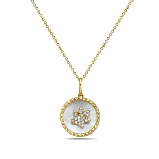 14K DOG PAW DISK PENDANT WITH 19 DIAMONDS 0.09CT & MOTHER OF PEARL ON 18 INCHES CABLE CHAIN, 13MM