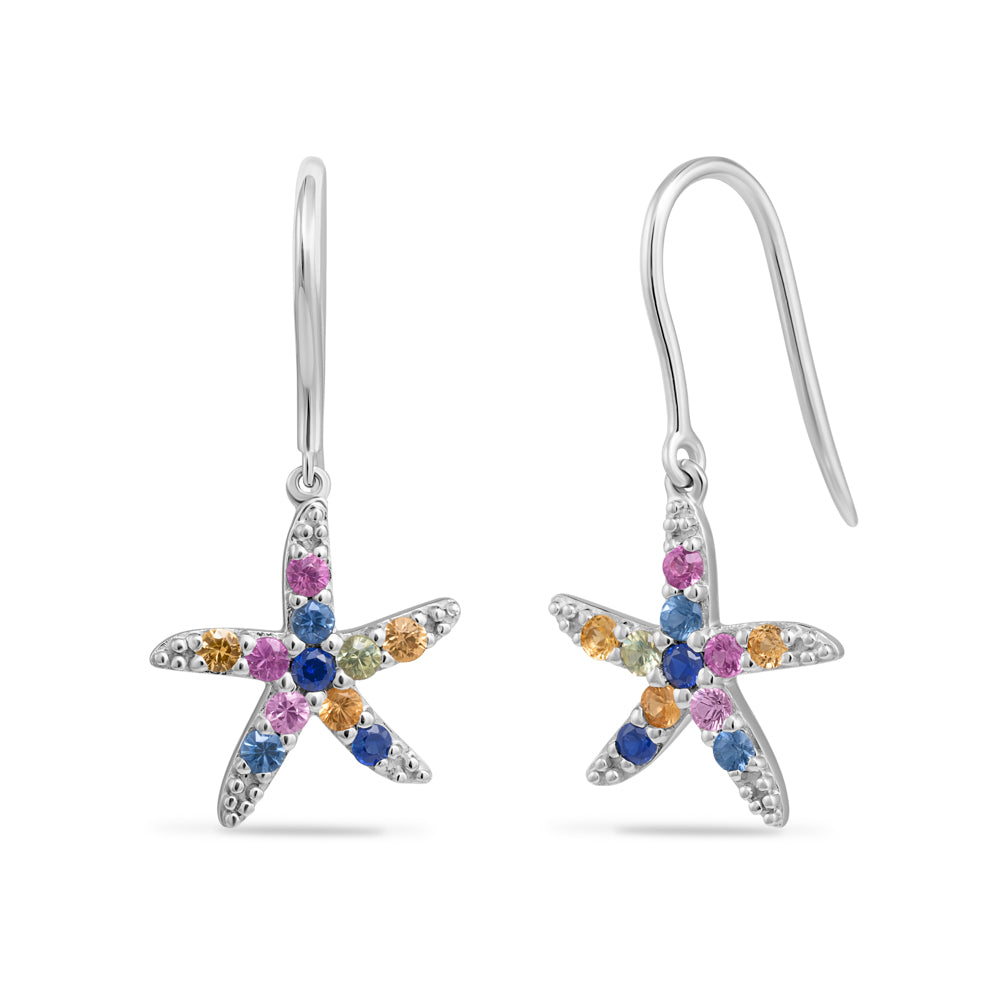 14K SHIMMERING STARFISH EARRINGS WITH 22 COLORED SAPPHIRES 0.50CT