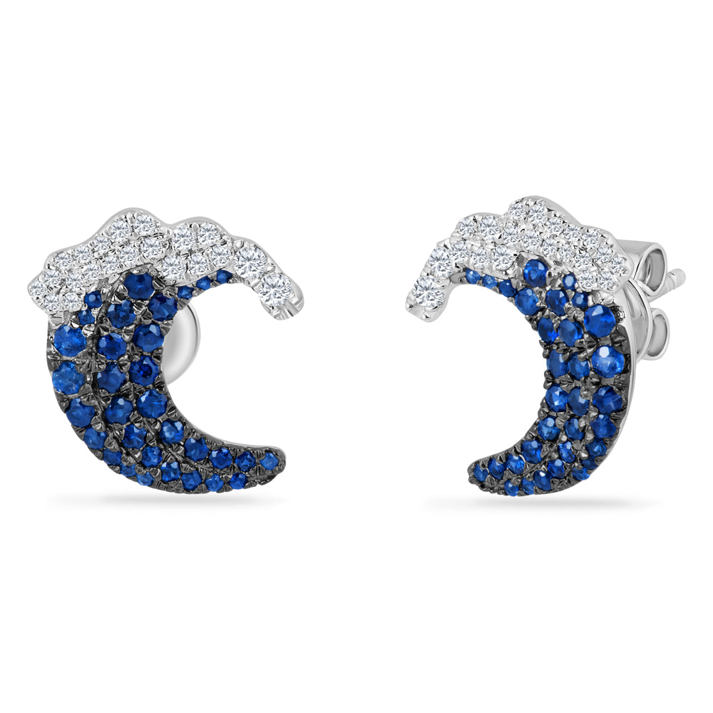 14K WAVE EARRINGS WITH 64 SAPPHIRES 0.59CT & 42 DIAMONDS 0.21CT