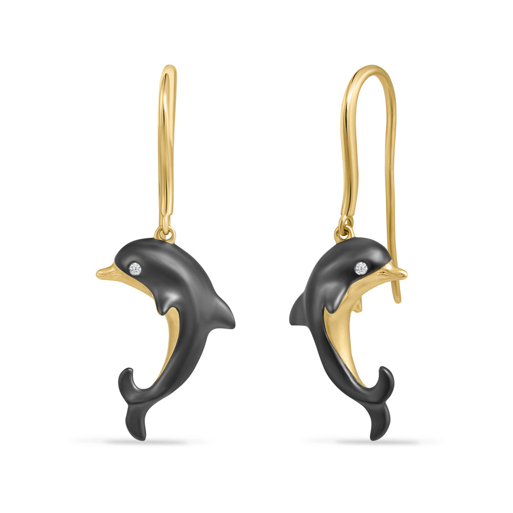14K DOLPHIN EARRINGS IN BLACK RHODIUM FINISH WITH 2 DIAMONDS 0.013 CT