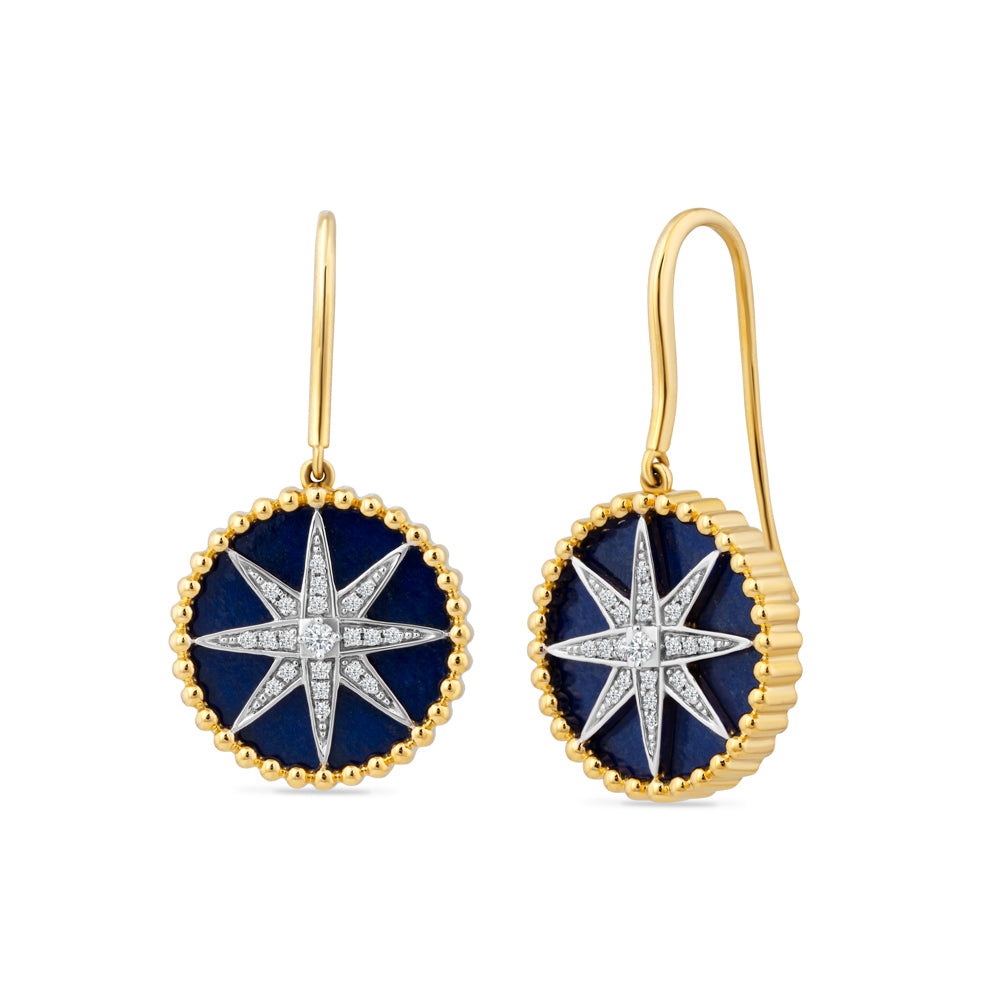 14K Lapis Compass Rose 16MM Round Earrings On Wire Backs With 0.15CT Diamonds