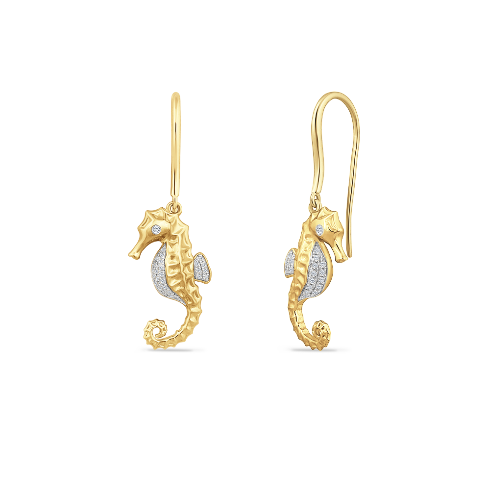 14K SEAHORSE EARRINGS 7MM X 18MM WITH 38 DIAMONDS 0.13CT