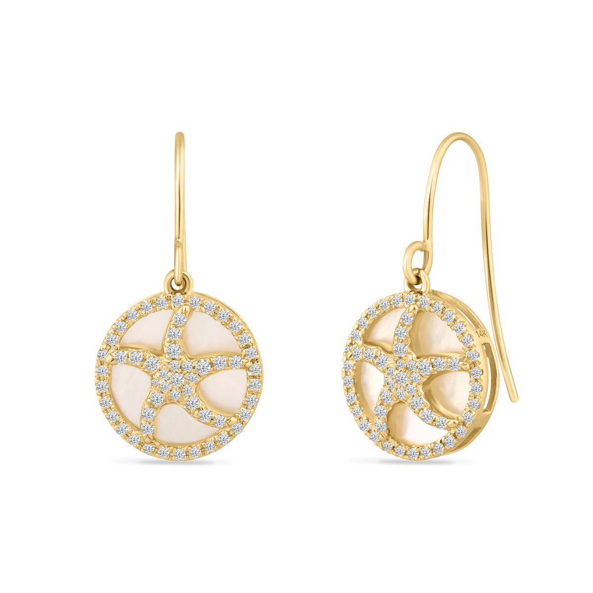 14K MOTHER OF PEARL STARFISH EARRINGS ON WIRE WITH 110 DIAMONDS 0.38CT