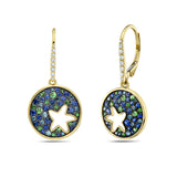 14K ROUND FANCY COLOR STARFISH EARRINGS WITH SAPPHIRES. GREEN GARNETS AND DIAMONDS