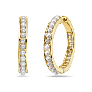 14K HOOP EARRINGS WITH CULTURED PEARLS AND DIAMONDS