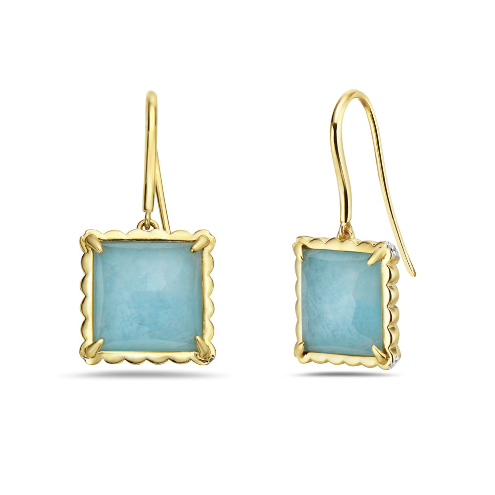 14K DOUBLET WIRE EARRINGS IN SQUARE SHAPED AMAZONITE AND CLEAR QUARTZ WITH 16 DIAMONDS 0.06CT