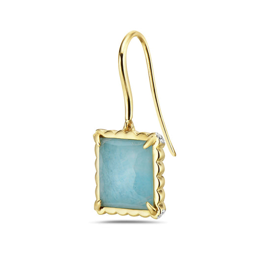 14K DOUBLET WIRE EARRINGS IN SQUARE SHAPED AMAZONITE AND CLEAR QUARTZ WITH 16 DIAMONDS 0.06CT