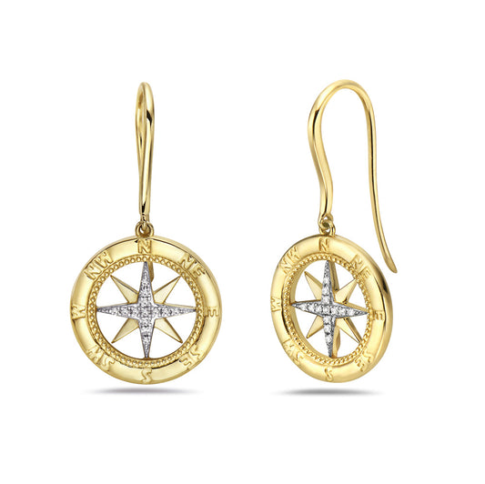 14K COMPASS ROSE WIRE DROP EARRINGS WITH 26 DIAMONDS 0.09CT