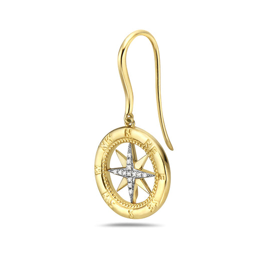 14K COMPASS ROSE WIRE DROP EARRINGS WITH 26 DIAMONDS 0.09CT