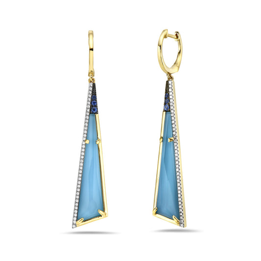 14K LEVER BACK LONG TRIANGLE DOUBLET EARRINGS IN TURQUOISE AND CLEAR QUARTZ WITH 80 DIAMONDS 0.27CT AND 6 BLUE SAPPHIRES 0.130CT