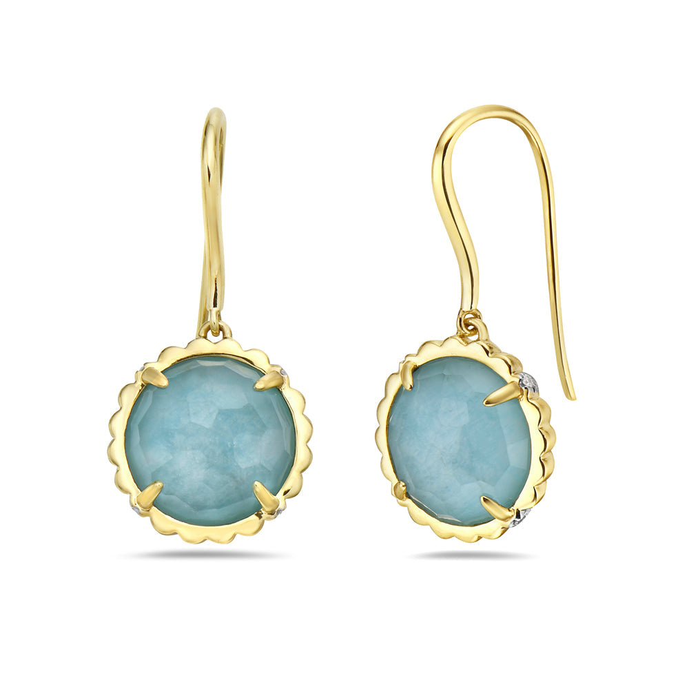 14KY ROUND DOUBLET EARRINGS IN AMAZONITE AND CLEAR QUARTZ WITH 16 DIAMONDS 0.06CT