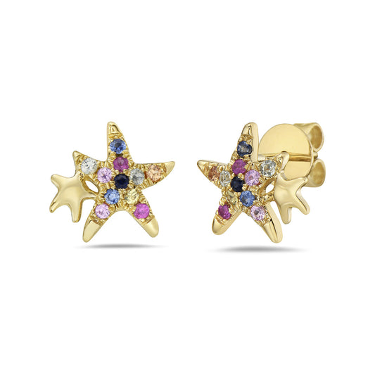 14K BABY STARFISH STUDS WITH COLORFUL SAPPHIRES