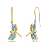 14K DRAGON FLY EARRINGS WITH RECON TURQUOISE AND 8 DIAMONDS 0.06CT, 18MMX12MM