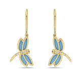 14K DRAGON FLY EARRINGS WITH RECON TURQUOISE AND 8 DIAMONDS 0.06CT, 18MMX12MM
