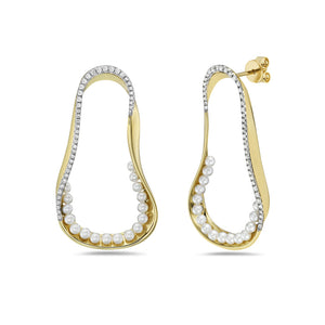 14K FREE FORM EARRINGS WITH 84 DIAMONDS 0.38CT & 34 FRESH WATER PEARLS, 39X20MM