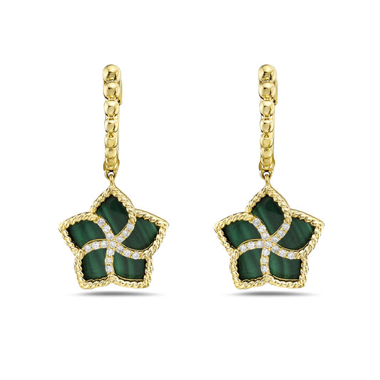 14K DANGLING MALACHITE FLOWER EARRINGS WITH 32 DIAMONDS 0.10CT, 25MM