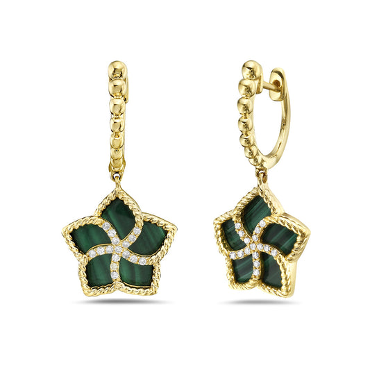 14K DANGLING MALACHITE FLOWER EARRINGS WITH 32 DIAMONDS 0.10CT, 25MM