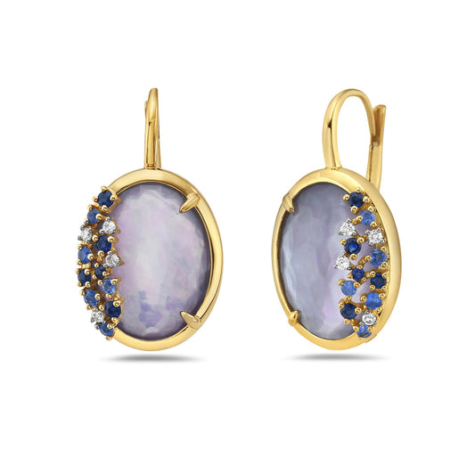 14K OVAL WIRE TRIPLET EARRINGS.  FLAT LAPIS, MOTHER OF PEARL IN THE MIDDLE AND FACETED LIGHT AMETHYST. WITH ACCENTS OF DIAMONDS AND SAPPHIRES