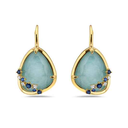 14K DOUBLET EARRINGS IN 2 AMAZONITES AND 2 CLEAR QUARTZ WITH 6 DIAMONDS 0.070CT AND 6 BLUE SAPPHIRES 0.36CT ON TOP