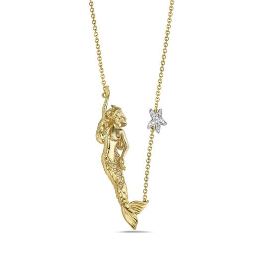 14k Mermaid Suspended On 18 Inch Cable Chain ,With A Baby Diamond Studded Starfish, 20 diamonds 0.09CT
