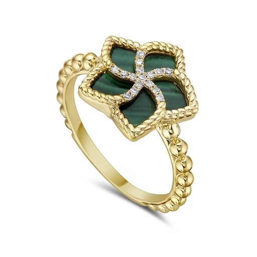14K RING WITH FLOWER SHAPED MALACHITE 1.83CT AND 16 DIAMONDS 0.06CT