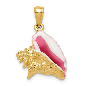 14k Polished 3-Dimensional Pink & White Enameled Conch Shell Pendant