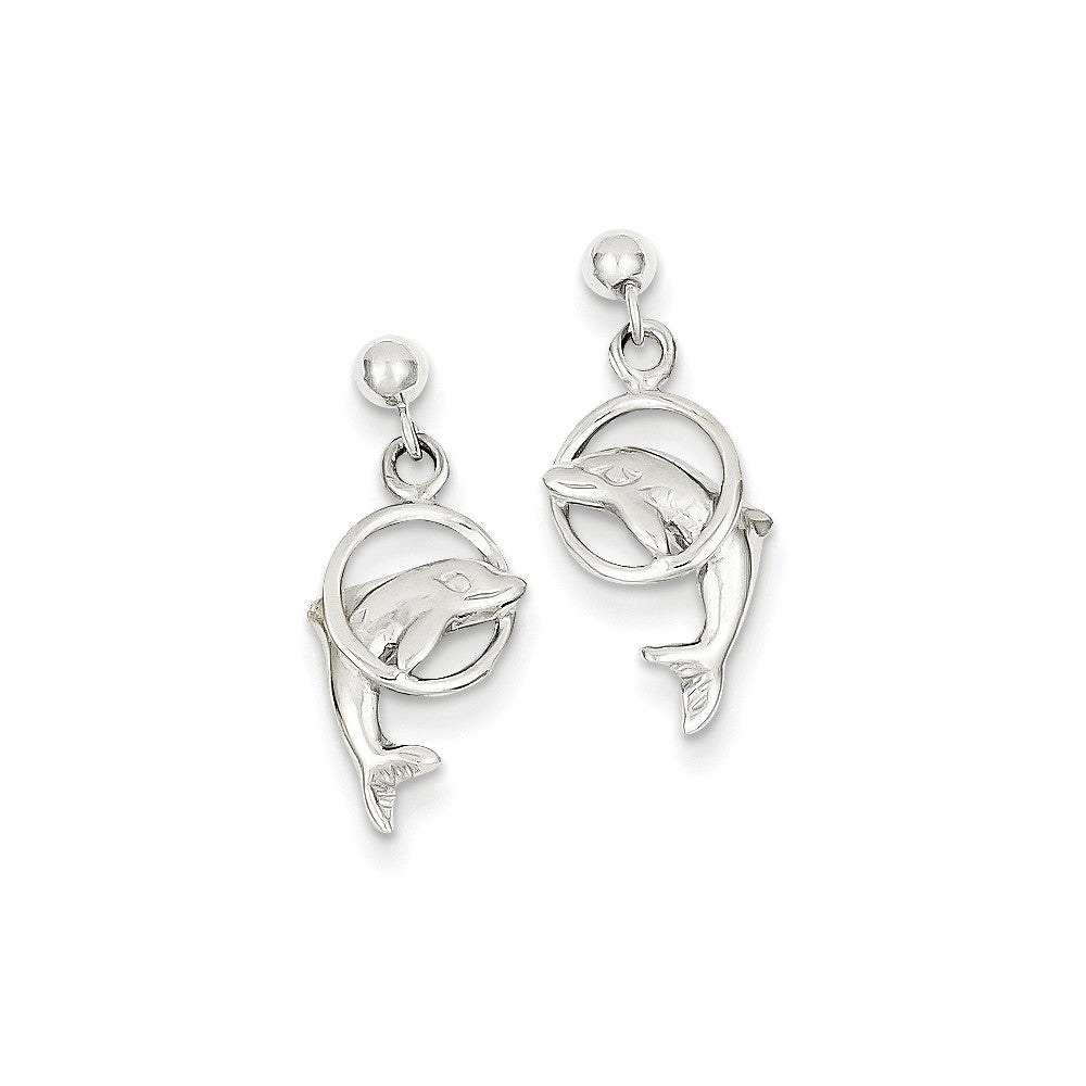 Boucles d'oreilles pendantes dauphin en or blanc 14 carats
