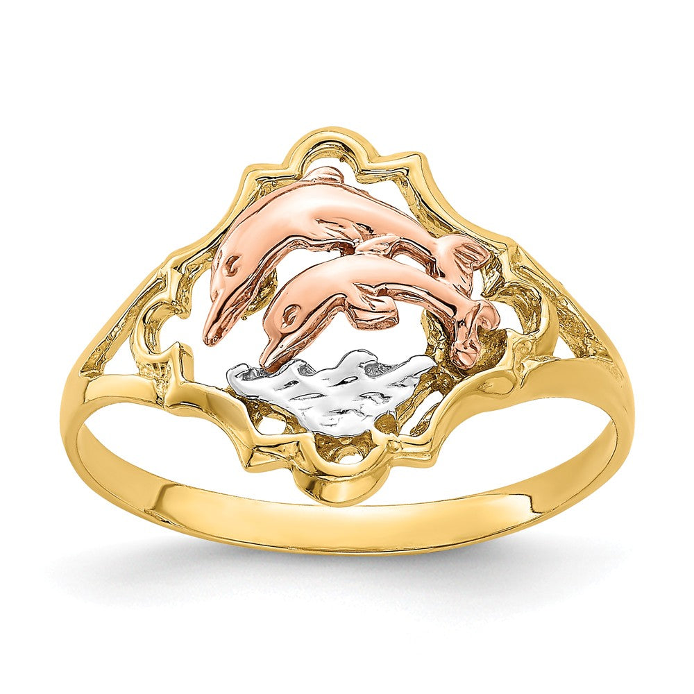 14K Yellow and Rose Gold with Rhodium Double Diving Dolphins Ring