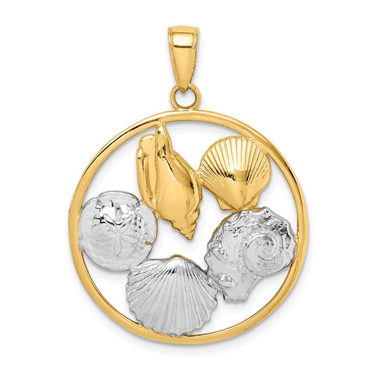 14K w/Rhodium Shell Cluster in Circle Pendant