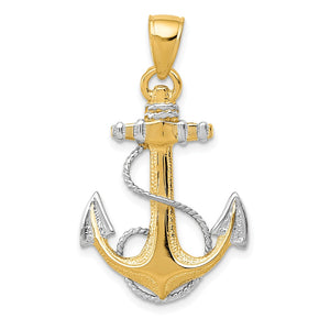 TWO-TONE 14K YELLOW GOLD AND RHODIUM TWISTED ROPE AND ANCHOR PENDANT