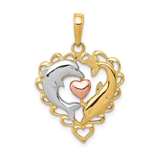 14K TWO-TONE WITH WHITE RHODIUM DOLPHINS IN HEART PENDANT