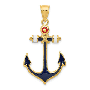 14K Red, White And Blue Enameled Anchor Pendant
