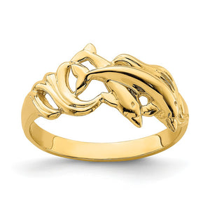 14K Double Dolphins Jumping in Waves Ring