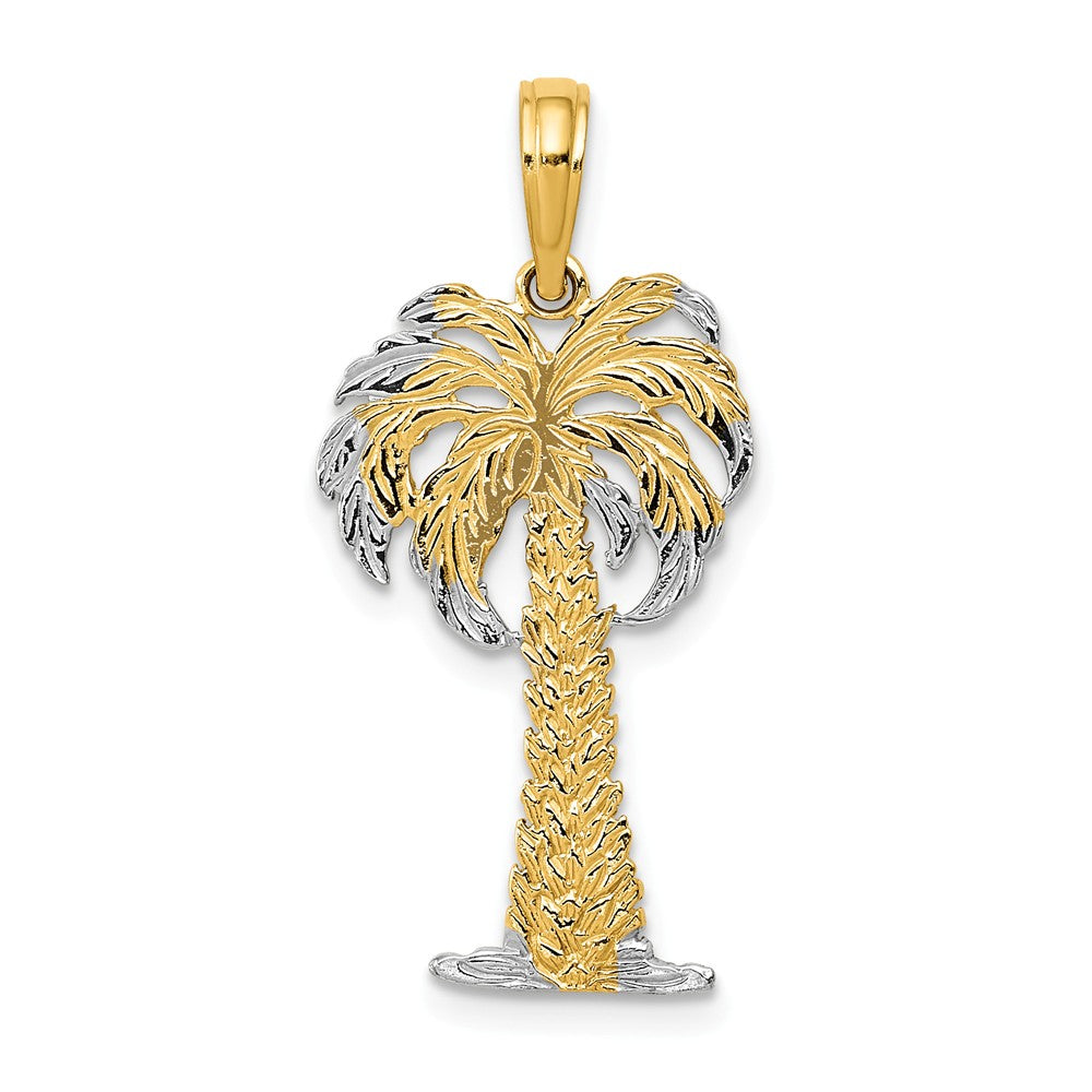 14K With Rhodium Polished And Textured Palm Tree Pendant