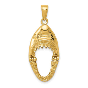 14K GOLD POLISHED 2-D JAWS SHARK HEAD MOUTH OPEN PENDANT