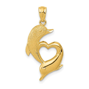 14K D/C SATIN AND POLISHED DOLPHINS HEART PENDANT
