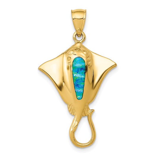 14K POLISHED W/ CREATED BLUE OPAL STINGRAY PENDANT