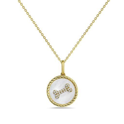 14K DOG BONE DISK PENDANT WITH 24 DIAMONDS 0.06CT & MOTHER OF PEARL ON 18 INCHES CABLE CHAIN