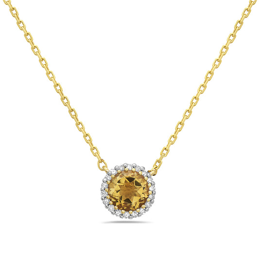 14K PENDANT WITH CENTRAL CITRINE AND 18 DIAMONDS 0.06CT ON 18 INCHES CABLE CHAIN