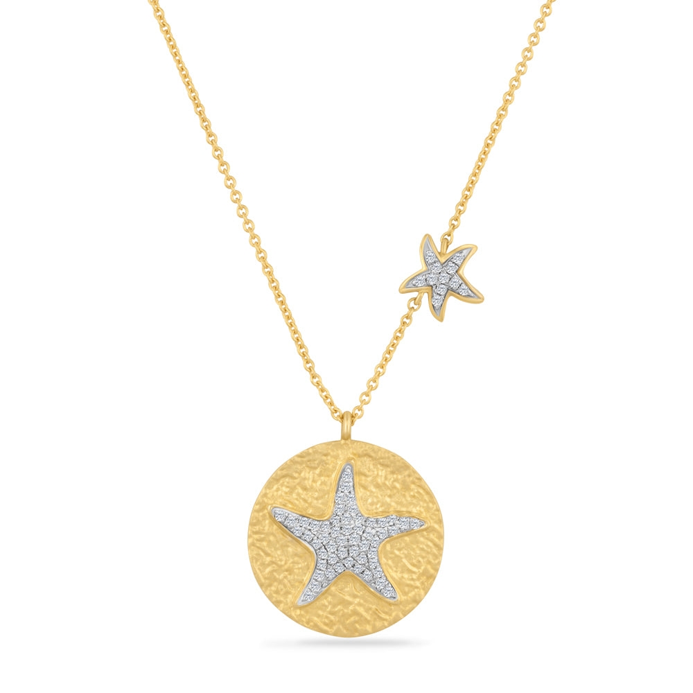 14K STARFISH ON DISK PENDANT WITH 56 DIAMONDS 0.185CT ON 18 INCHES CABLE CHAIN