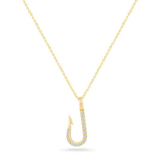 14K FISH HOOK NECKLACE WITH 17 DIAMONDS 0.14CT ON 18 INCHES CHAIN, HOOK LENGTH 21MM BY 8.8MM WIDTH