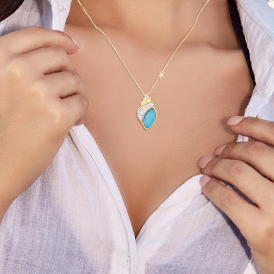 14K SHELL PENDANT WITH DOUBLET RECON TURQUOISE & CLEAR QUARTZ ON TOP