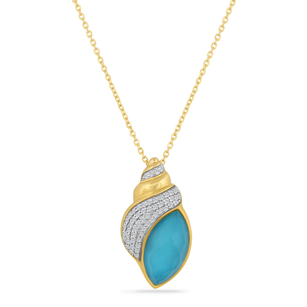 14K SHELL PENDANT WITH DOUBLET RECON TURQUOISE & CLEAR QUARTZ ON TOP