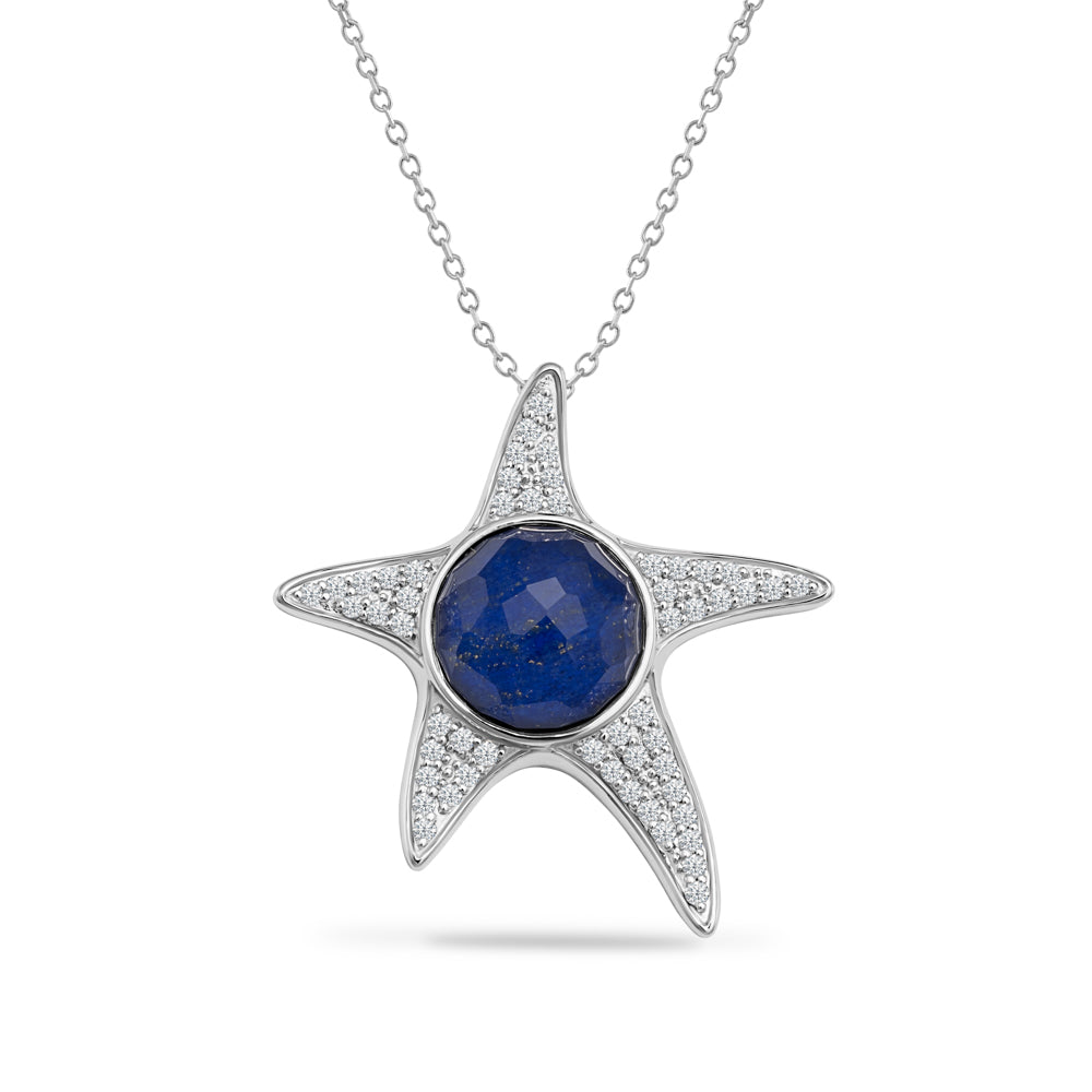 14K STARFISH PENDANT WITH DOUBLET LAPIS, CLEAR QUARTZ AND DIAMONDS ON 18 INCHES CABLE CHAIN