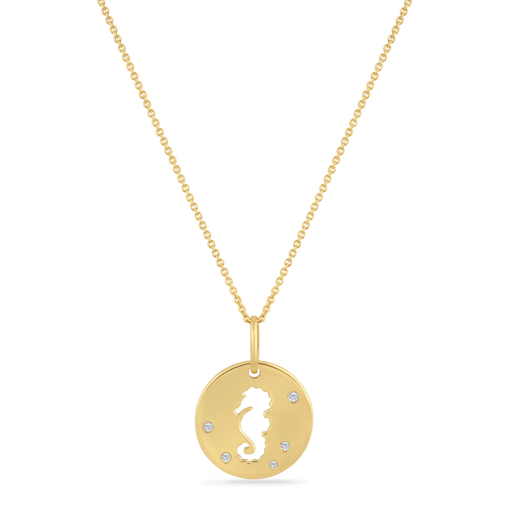 14K SEAHORSE DISK PENDANT WITH 5 DIAMONDS 0.04CT ON 18 INCHES CABLE CHAIN