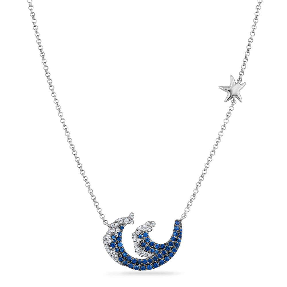 14K WAVE NECKLACE WITH 50 SAPPHIRES 0.74CT & 49 DIAMONDS 0.29CT ON 18 INCHES CHAIN
