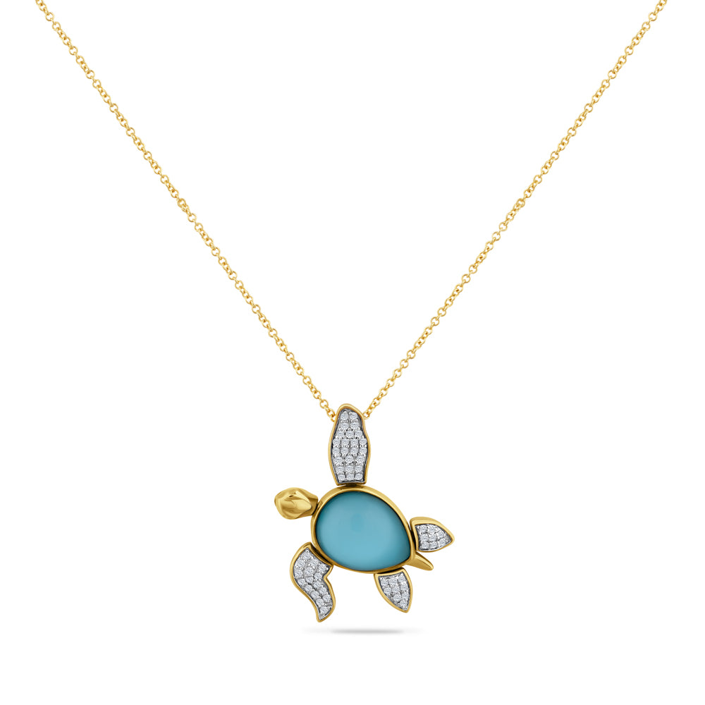 14K Diamond Turtle Necklace, Doublet In Crystal & Recon Turquoise On 18 Inches Cable Chain
