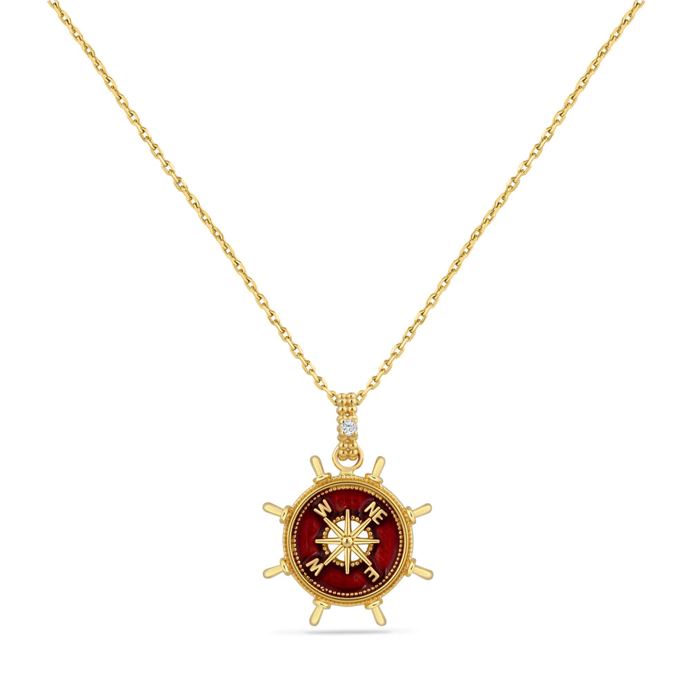 14K COMPASS ROSE PENDANT WITH 1 DIAMOND 0.02CT & ENAMEL ON 18 INCHES CABLE CHAIN