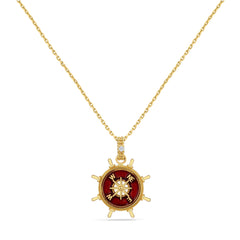 14K COMPASS ROSE PENDANT WITH 1 DIAMOND 0.02CT & ENAMEL ON 18 INCHES CABLE CHAIN